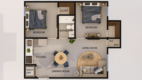 Floor plan for 2 beds, 1 bath, 676 sqft